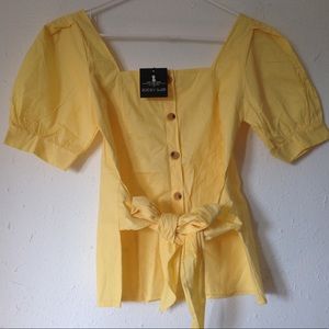 NWT Yellow Waist Bow Tie Shirt Blouse Top Button